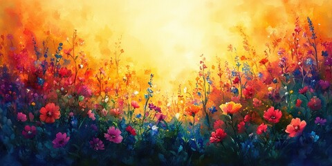 Sticker - Watercolor Painting of a Field of Flowers in the Sunlight