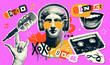 © LanaSham - Vintage music halftone collage set with audio cassette vintage microphone, singing mouth, antique statue. Retro paper collage cut-out elements. Vector illustration.