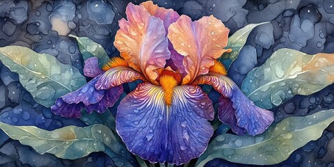 Sticker - Watercolor Painting of a Purple and Orange Iris with Dew Drops