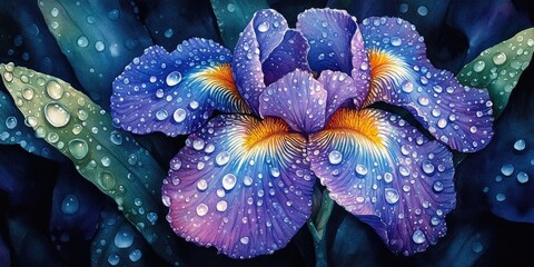 Canvas Print - A Close-Up of a Purple Iris Flower with Dew Drops