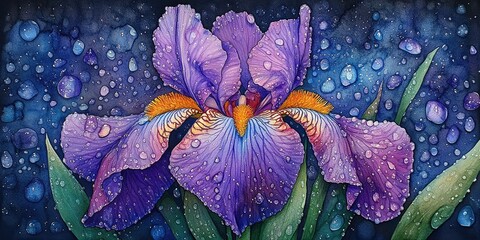 Wall Mural - Purple Iris with Dewdrops and Blue Background