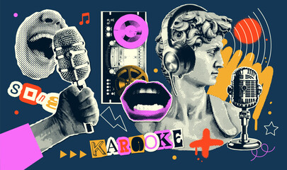 Pop art halftone collage with antique statue in headphones and grunge singer paper elements. Retro composition. Club party poster, podcast, magazine. Y2K, 80s, 90s style. Psychedelic, surreal art.