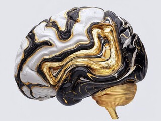 image of a brain showing the prefrontal cortex, black, white, and gold colours only 