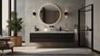 © Hasthim - Modern bathroom vanity with sink, mirror, and toiletries on a light background, showcasing a minimalistic interior. 3D Rendering