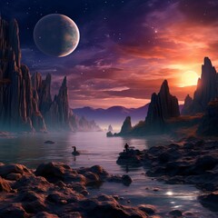 Wall Mural - fantasy landscape with moon and sun