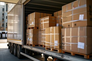 Wall Mural - Boxes packed and loaded into large truck outside logistics center