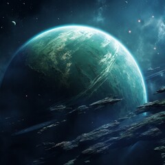 Wall Mural - a cosmic landscape: a green planet in a starry galaxy