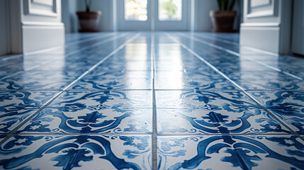  Elegant blue and white ceramic floor tiles with intricate floral and scroll designs, arranged in a grid pattern, creating a sophisticated and classic aesthetic in a sunlit hallway.