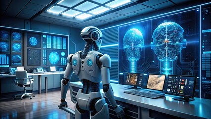 Futuristic robotics laboratory with humanoid robot, futuristic computers, and brain-computer interface graphics on screens, representing advancement in artificial intelligence and machine learning.