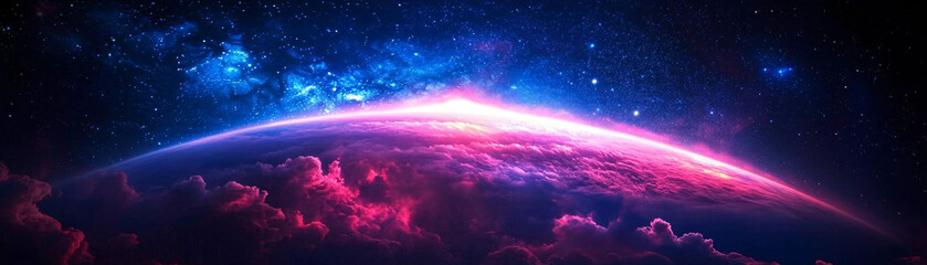 Wall Mural - A beautiful blue and pink planet with clouds and stars in the background. The planet is surrounded by a vast, dark sky