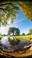 Sticker - Serene River Landscape with Lush Trees and Blue Sky