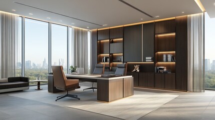 Poster - Modern Executive Office with City View and Large Wooden Desk