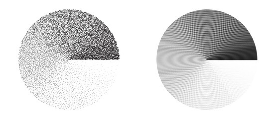 Poster - Set with two dotted circles. Random and order style. Halftone and Stipple dots background.