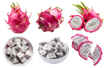 Canvas Print - White flesh Dragon fruit pitaya pitahaya fruit, many angles and view side top front sliced halved group isolated on transparent background cutout, PNG file. Mockup template for artwork graphic design	