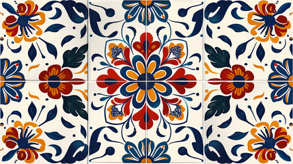 A colorful tile design with a symmetrical floral motif in red, blue, and orange tones, ideal for use in home decor, particularly in creating bold and lively backdrops or accents.