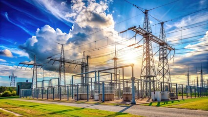 High-voltage electrical substation with towering transmission lines, transformers, and switchgear, surrounded by a chain-link fence, under a sunny blue sky with fluffy white clouds.