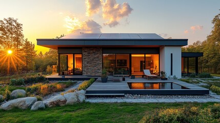 Wall Mural - Modern House with Pool and Sunset