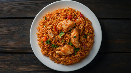 Delicious chicken and rice dish with vegetables served on a white plate on a dark wooden table, perfect for food photography or culinary blogs