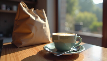 Steaming cappuccino with latte art relaxing on wooden table against blurred window background