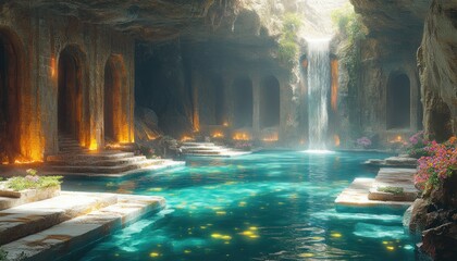 Wall Mural - Mystical Cave Pool with Waterfall