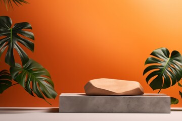 Wall Mural - Minimalist Product Display with Tropical Leaves and Concrete Podium