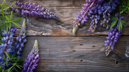 Canvas Print - Purple Lupine Flowers on Wooden Table with Vintage Floral Background Blank Space