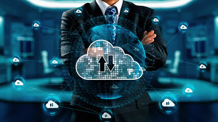 Wall Mural - Business person discover the future of cloud computing with latest insights and elevate business by integrating cloud computing technology. Embrace the cloud era with innovative computing UUID