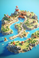 Poster - Low Poly Island Landscape with Ocean and Castle