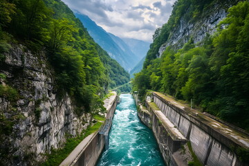 Wall Mural - A hydroelectric dam, water rushing through turbines, highlighting clean energy production