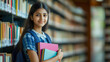 © UniqGraphicX - Indian school girl holding books in a library. Teenage female student smiling showing education and study