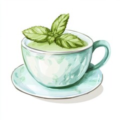 A cup of green tea with mint leaves on top.