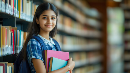indian school girl holding books in a library. teenage female student smiling showing education and 