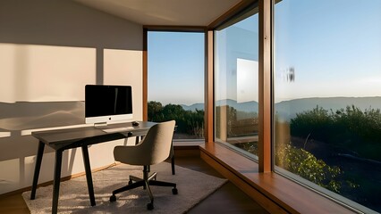 The home office features an elegant computer desk and a cozy chair, perfectly situated in front of a panoramic window with a view of the beautiful outdoors.