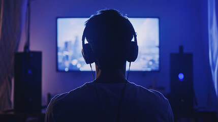 Wall Mural - Gamer in a gaming room playing on a large screen with neon lighting