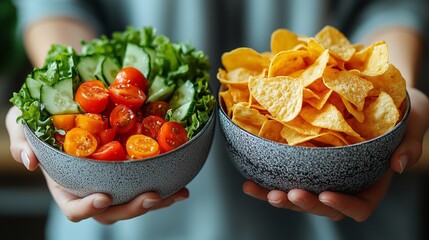 Hands holding bowls, one with fresh salad and the other with crunchy chips, depicting a healthy vs junk food choice.