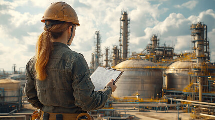 Wall Mural - Female Engineer Overlooking Industrial Plant with Clipboard in Hand