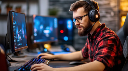 Wall Mural - Gamer in a gaming room playing on a large screen with neon lighting