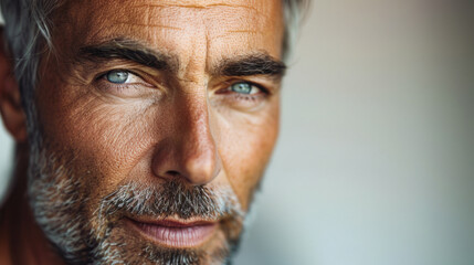 Close-up portrait of mature man with blue green eyes