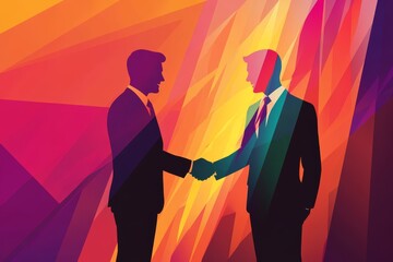 Partner and agreement are symbolized by two silhouettes shaking hands against a colorful background.