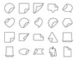 © Irene - Vector sticker icons with folded corners. Paper labels folded pages symbols. Editable stroke thin line black set. Stickers of different shapes: round rectangular oval with flat and wavy edges.