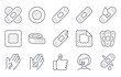 © Irene - Vector icons medical bandage. Adhesive tape for treatment of light skin cuts, postoperative sutures. Band-aid for skin injuries and wounds. Editable stroke thin line black set. Stock illustration.