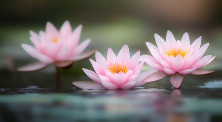 Pink water lilies bloom on a serene pond surrounded by gentle ripples at dawn