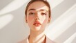 © DigitalMagicVisions - Elegant Uyghur Fashion Model in Double Exposure, Standing Poised in Modern Chic Clothing with Light Rays Creating Patterns on White Wall