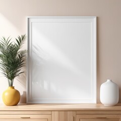 close up white poster frame in modern home interior with light colored paper texture wall, wall mockup, 3d rendering