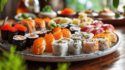 A plate of assorted sushi is placed on a wooden table.