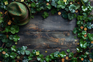 St. Patrick's Day background with shamrocks and leprechaun hats forming a border on a wooden background