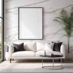 white poster frame close up in modern house interior with light colored marble textured wall, wall mockup, 3d rendering