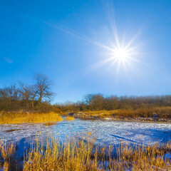 Wall Mural - winter frozen river at the bright sunny day