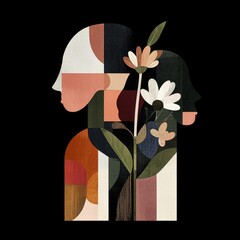 A stylized illustration of two abstract faces intertwined with flowers, symbolizing connection and nature.