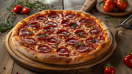 A pepperoni pizza sits on a wooden board